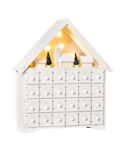 HOMCOM White Wooden Advent Calendar House with 24 Drawers & LED Lights
