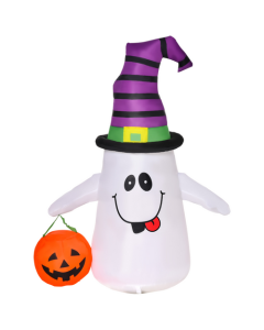 HOMCOM 120cm LED Halloween Inflatable Ghost with Witch Hat & Pumpkin