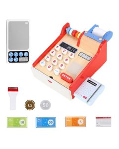SOKA wooden cash register with pretend checkout accessories and play money