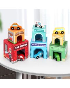 SOKA Stacking Cubes with 6 Wooden Vehicles – 12 Pieces