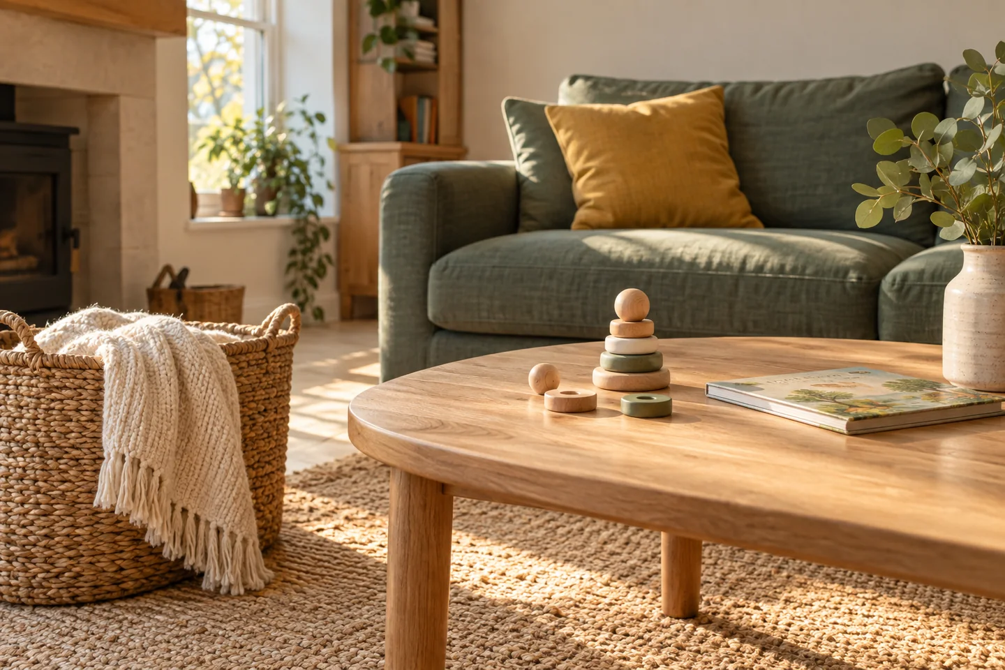 A welcoming home corner with a sage sofa, a soft throw and wooden toys