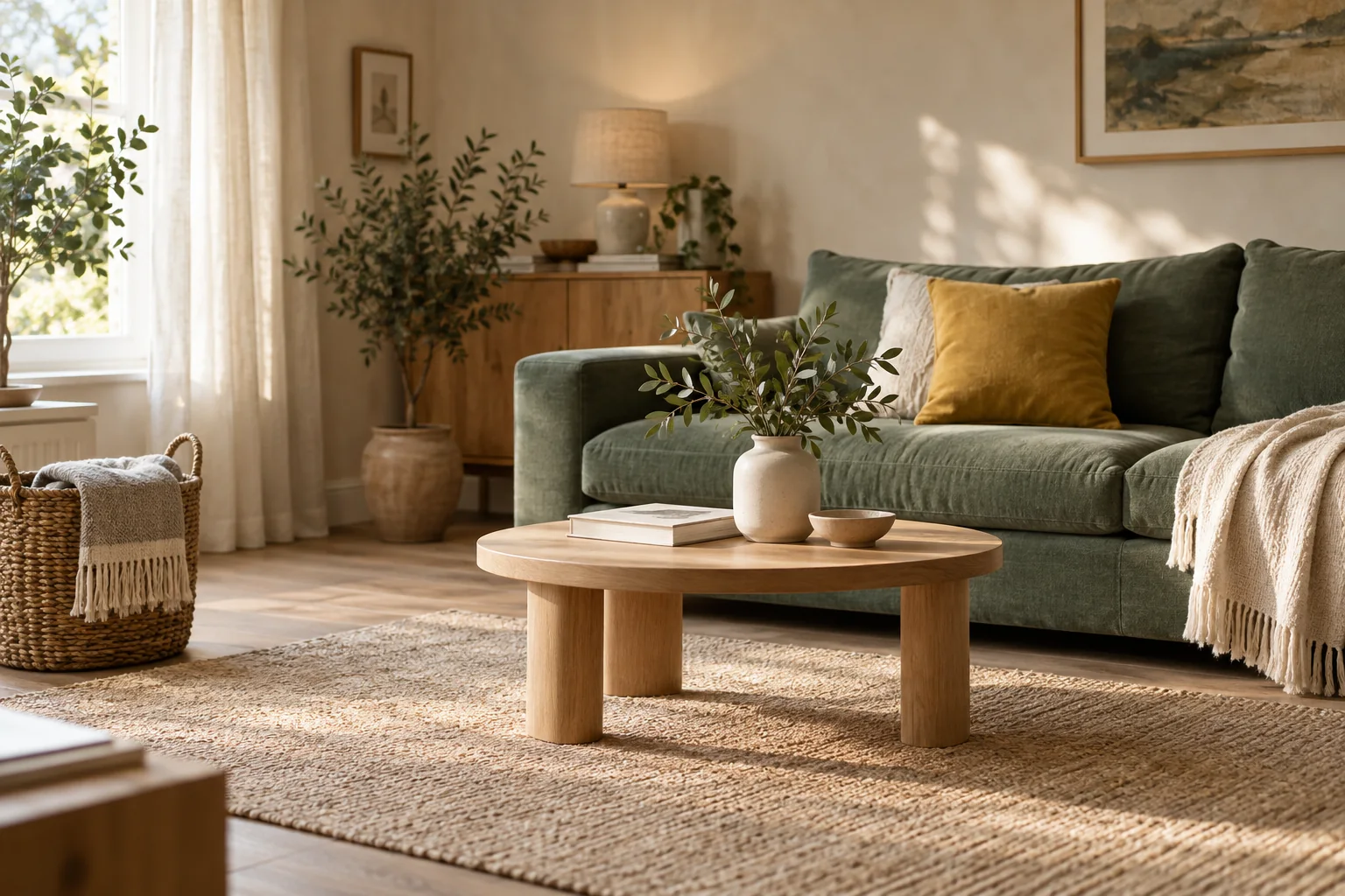 A sunlit living room with a sage sofa, mustard cushion and warm wood accents